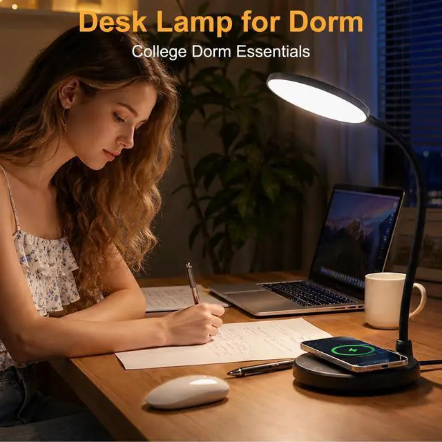 Alt view image 3 of 7 - Desk Lamp for Home Office, Small Desk Lamp with Wireless Charger, Dimmable 3 Color Modes Study Lamp, Adjustable Neck 800LM Eye-Caring Desk Light, Bedside, College Dorm, Adapter Included