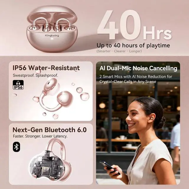 Alt view image 6 of 7 - Clip-On Earbuds Bluetooth 6.0 Wireless Headphones Open Ear Buds Comfortable Fit & Crystal-Clear Sound, 40H Playtime for Women & Kids Ideal for Small Ears, Sports, Glasses Rose Gold