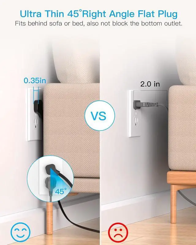Alt view image 2 of 7 - Power Strip Surge Protector, HANYCONY 5Ft Ultra Thin Flat Extension Cord with Multiple Outlets, 8 Widely Outlet Extender 4 USB Ports(2 USB C), 1080J Wall Mount for College Dorm Room Essentials Black