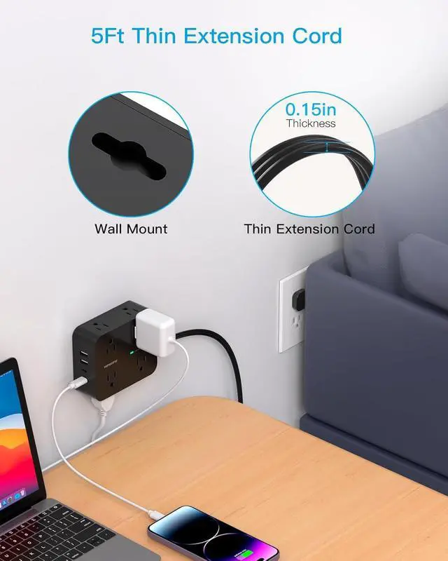 Alt view image 7 of 7 - Power Strip Surge Protector, HANYCONY 5Ft Ultra Thin Flat Extension Cord with Multiple Outlets, 8 Widely Outlet Extender 4 USB Ports(2 USB C), 1080J Wall Mount for College Dorm Room Essentials Black