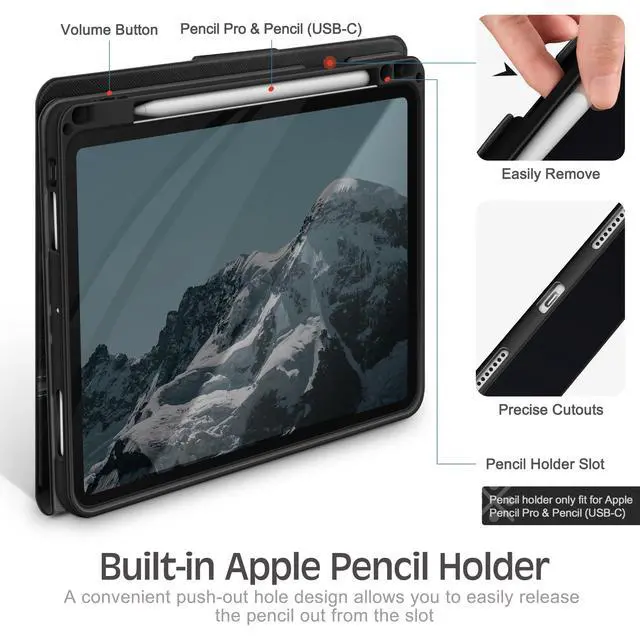 Alt view image 4 of 7 - Case for iPad Pro 13-inch (M5 2025, M4 2024) with Pencil Holder, PU Leather Book-Style Cover, Auto Sleep/Wake, Pencil Pro & USB-C Compatible, Multi-Angle Stand for Viewing & Drawing, Black