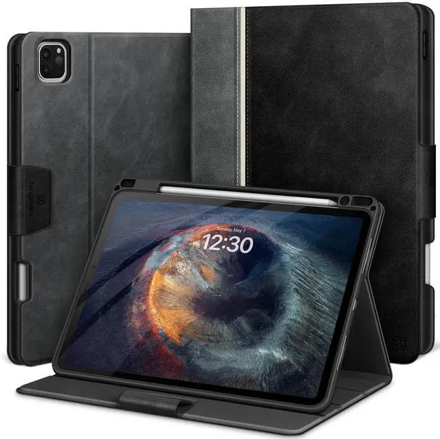 Main image of Case for iPad Pro 13-inch (M5 2025/M4 2024) with Pencil Holder, Vintage Notebook-Style Vegan Leather Cover, Magnetic Closure, Multi-Angle Stand for Viewing & Typing, Auto Sleep/Wake, Black