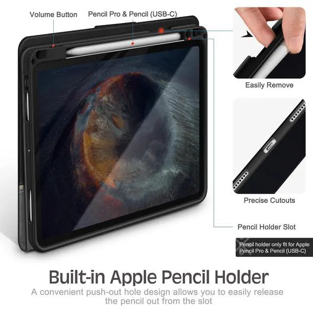 Alt view image 4 of 7 - Case for iPad Pro 13-inch (M5 2025/M4 2024) with Pencil Holder, Vintage Notebook-Style Vegan Leather Cover, Magnetic Closure, Multi-Angle Stand for Viewing & Typing, Auto Sleep/Wake, Black