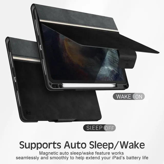 Alt view image 5 of 7 - Case for iPad Pro 13-inch (M5 2025/M4 2024) with Pencil Holder, Vintage Notebook-Style Vegan Leather Cover, Magnetic Closure, Multi-Angle Stand for Viewing & Typing, Auto Sleep/Wake, Black