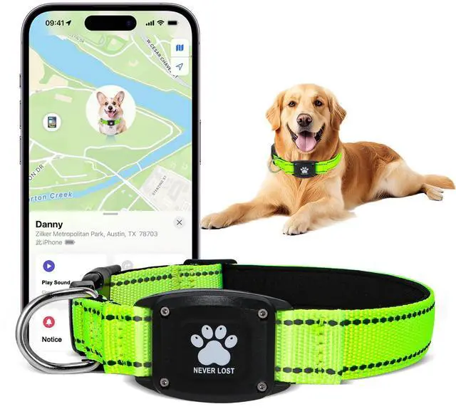 Main image of GPS Dog Collar Tracker 2-in-1,Reflective Waterproof Pet Collar,iOS-Only,No Monthly Fees,Unlimited Range,Dog Tracking Collar Pet Tracker,for Small Medium Large Dogs(XS (10.6"-13.6"), Green)