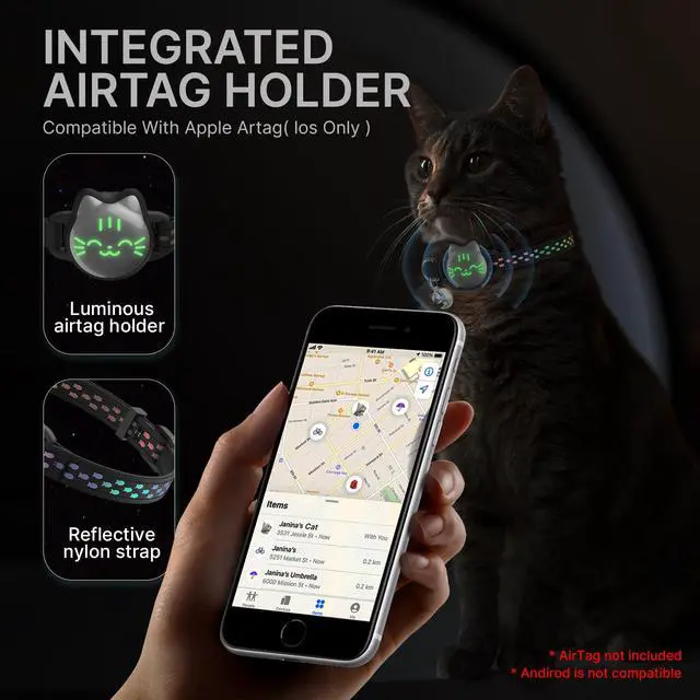 Alt view image 5 of 7 - AirTag Cat Collar Breakaway, Reflective Cat Collar Compatible with Apple AirTag 1st & 2nd Gen, Hidden Holder with Bell, Lightweight Water-Resistant Strap for Cats, AirTag Not Included