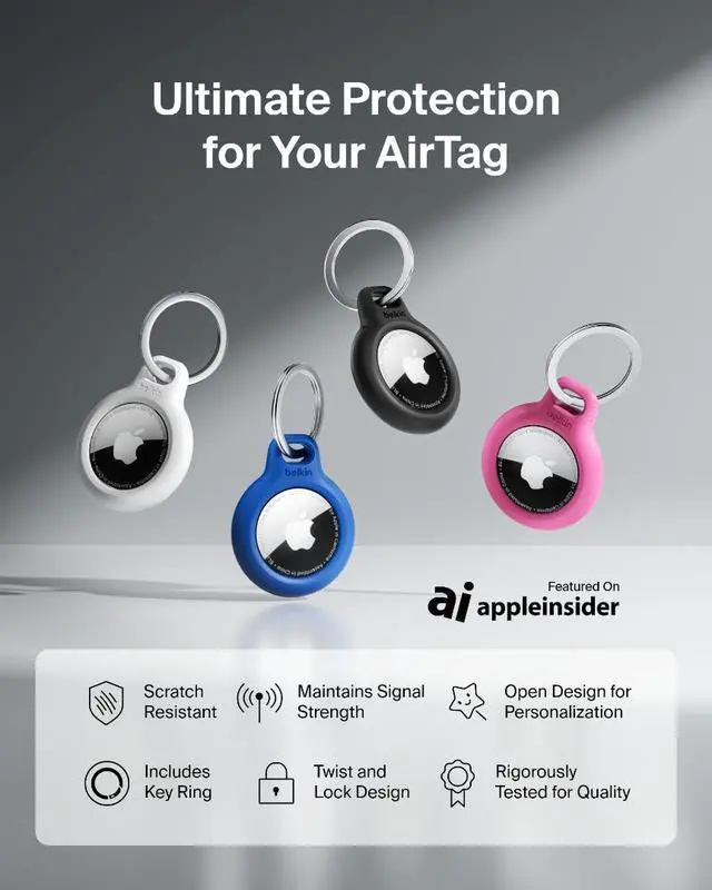 Alt view image 2 of 7 - AirTag Secure Holder with Key Ring - Durable, Scratch-Resistant Case with Open Face & Raised Edges - Protective AirTag Keychain Holder Accessory for Keys, Pets, Luggage, & More - White