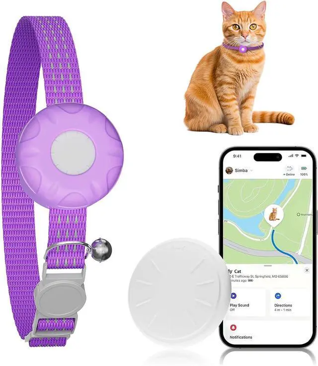 Main image of Cat GPS Tracker for Cats, Cat GPS Tracker Collar with Safety Elastic Buckle, Compatible with Apple Find My App (Only iOS), No Monthly Fee, Purple