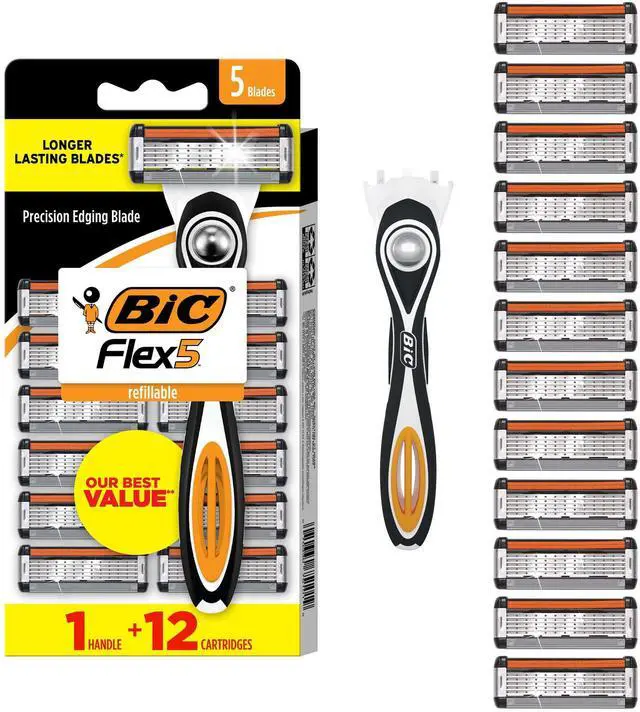 Main image of Flex 5 Men's Refillable 5-Blade Razors with 1 Handle and 12 Cartridges, Smooth Shave Kit with Precision Edging Blade, College Dorm Room Essential, Shower Caddy and Toiletry Bag Ready