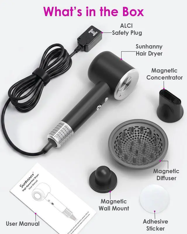Alt view image 7 of 7 - High Speed Ionic Professional Hair Blow Dryer,160000 RPM Powerful Fast Drying Travel Hairdryer Blowdryer with Magnetic Diffuser, Concentrator Nozzle & Wall Mount Bracket, 3 Speeds & 4 Temps, Black