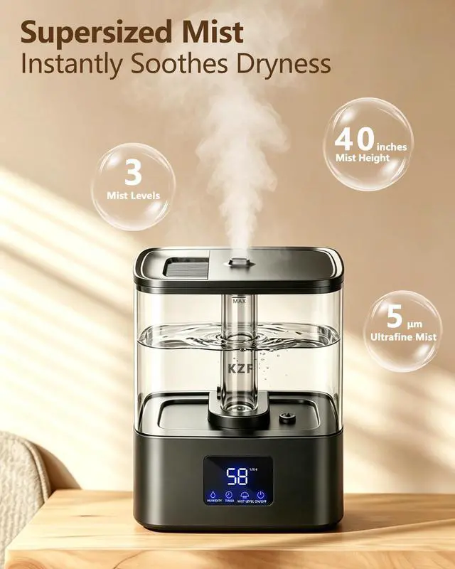 Alt view image 3 of 7 - 6L Top Fill Humidifiers for Bedroom & 60H Runtime - Cool Mist Humidifier, 3 Mist Levels, 8H Timer, Essential Oil Tray, Humidity Display, Quiet for Bedroom, Baby, Plants, Large Room (Black, 6L)