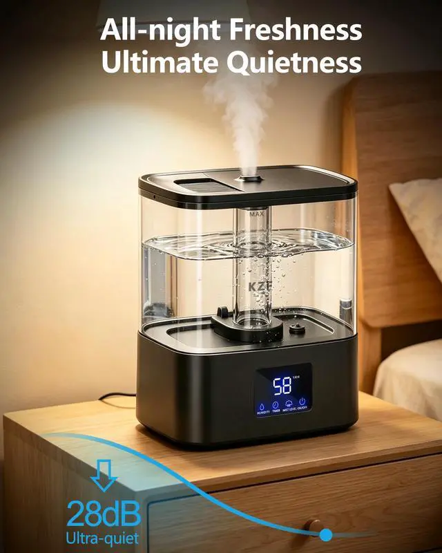 Alt view image 4 of 7 - 6L Top Fill Humidifiers for Bedroom & 60H Runtime - Cool Mist Humidifier, 3 Mist Levels, 8H Timer, Essential Oil Tray, Humidity Display, Quiet for Bedroom, Baby, Plants, Large Room (Black, 6L)