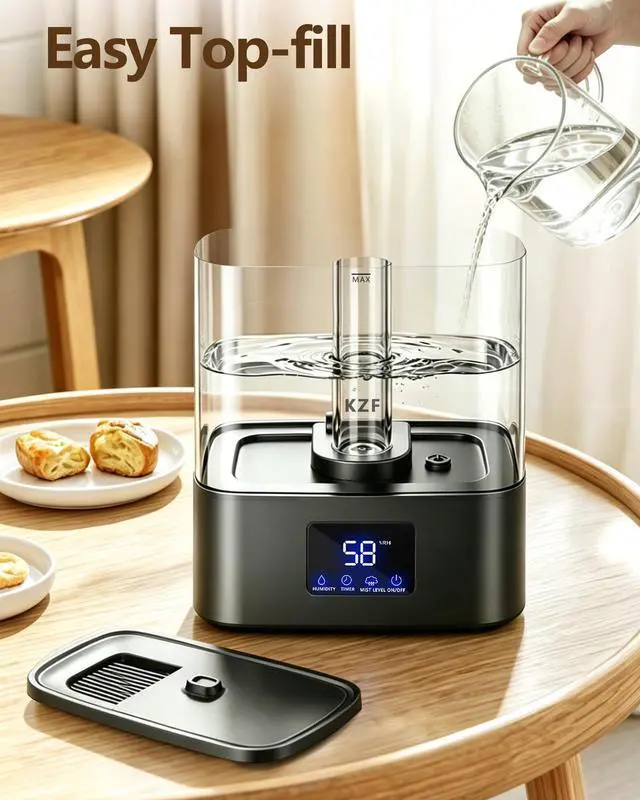 Alt view image 6 of 7 - 6L Top Fill Humidifiers for Bedroom & 60H Runtime - Cool Mist Humidifier, 3 Mist Levels, 8H Timer, Essential Oil Tray, Humidity Display, Quiet for Bedroom, Baby, Plants, Large Room (Black, 6L)