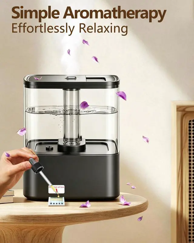 Alt view image 7 of 7 - 6L Top Fill Humidifiers for Bedroom & 60H Runtime - Cool Mist Humidifier, 3 Mist Levels, 8H Timer, Essential Oil Tray, Humidity Display, Quiet for Bedroom, Baby, Plants, Large Room (Black, 6L)