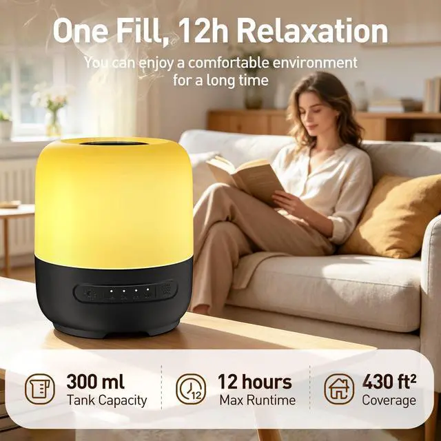 Alt view image 2 of 7 - Essential Oil Diffuser, 300ml Ultrasonic Aromatherapy Oil Diffuser & Humidifier with 7 Color Night Lights, Quiet 20dB Operation for 12 Hours, for Home, Bedroom, Office (1)