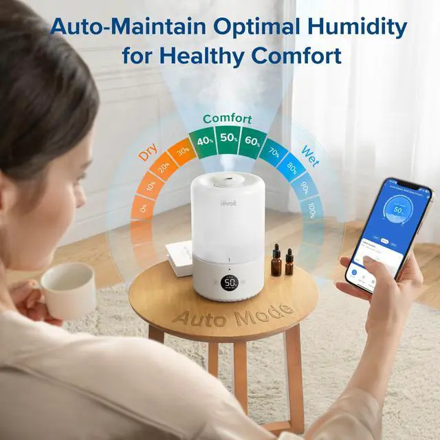 Alt view image 2 of 7 - Smart Cool Mist Top Fill Humidifiers for Bedroom with Sensor, Auto Humidity Setting, APP & Voice Control, Essential Oil Diffuser, Ultra Quiet Operation, Super Easy Top Fill, 3L, White
