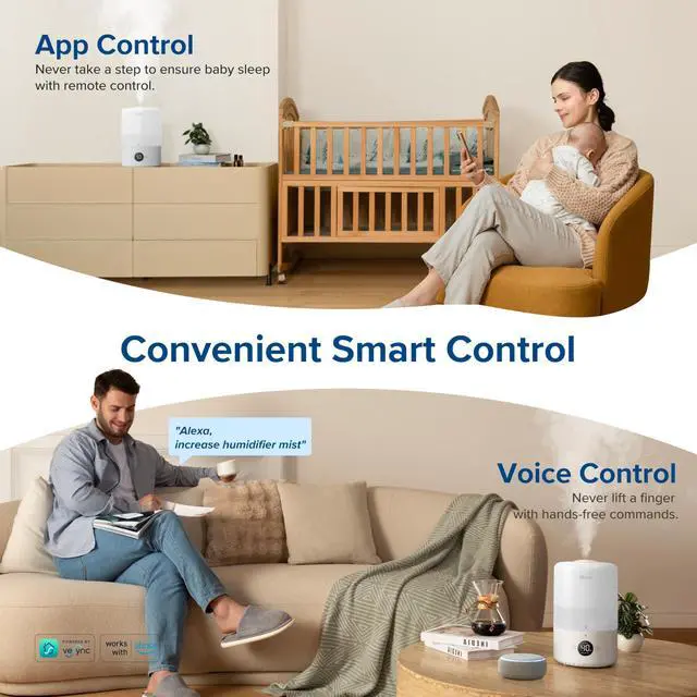 Alt view image 3 of 7 - Smart Cool Mist Top Fill Humidifiers for Bedroom with Sensor, Auto Humidity Setting, APP & Voice Control, Essential Oil Diffuser, Ultra Quiet Operation, Super Easy Top Fill, 3L, White