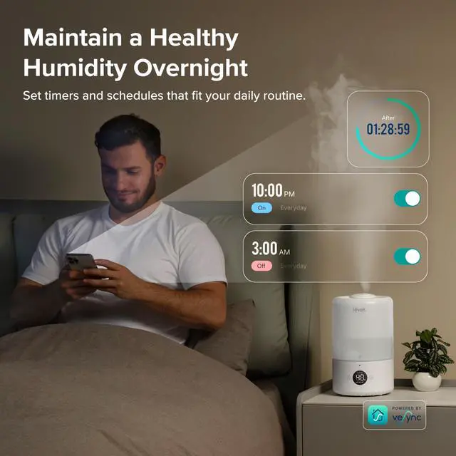 Alt view image 4 of 7 - Smart Cool Mist Top Fill Humidifiers for Bedroom with Sensor, Auto Humidity Setting, APP & Voice Control, Essential Oil Diffuser, Ultra Quiet Operation, Super Easy Top Fill, 3L, White