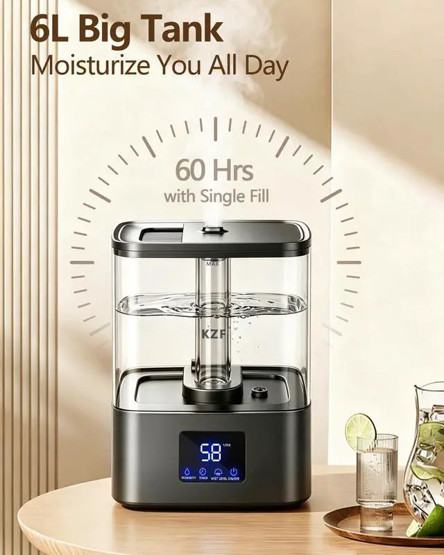 Alt view image 2 of 7 - 6L Top Fill Humidifiers for Bedroom & 60H Runtime - Cool Mist Humidifier, 3 Mist Levels, 8H Timer, Essential Oil Tray, Humidity Display, Quiet for Bedroom, Baby, Plants, Large Room (Black, 6L)