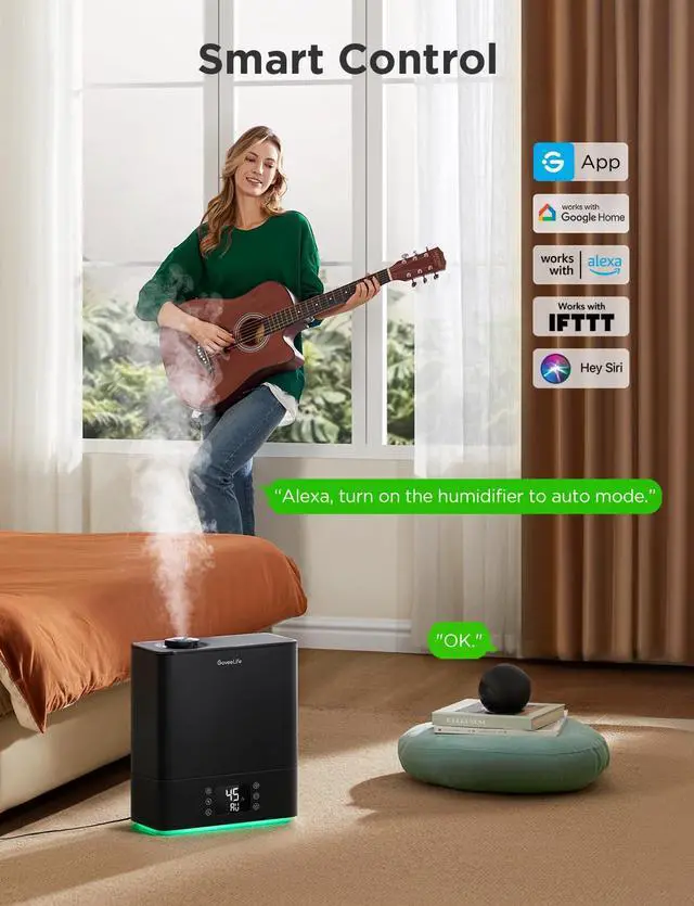Alt view image 2 of 7 - Smart Humidifiers for Bedroom Large Room, Top-Fill Cool Mist 6L WiFi Air Humidifier, Auto Mode, App & Voice Control, 60H Runtime, Rapid Humidification, RGB Nightlight Baby Plants, Black
