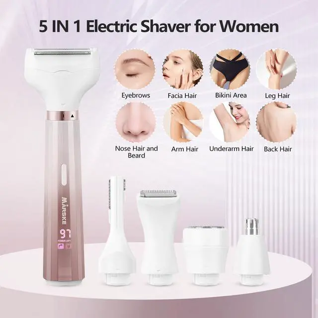 Alt view image 3 of 7 - Electric Razor for Women, Bikini Trimmer 5 in 1 Electric Shavers Razors IPX6 Waterproof Wet/Dry Body Shaver for Face Nose Eyebrow Arms Armpit Legs Pubic Area Painless Replaceable Facial Hair Removal