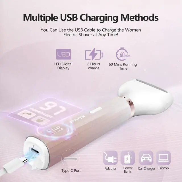Alt view image 4 of 7 - Electric Razor for Women, Bikini Trimmer 5 in 1 Electric Shavers Razors IPX6 Waterproof Wet/Dry Body Shaver for Face Nose Eyebrow Arms Armpit Legs Pubic Area Painless Replaceable Facial Hair Removal
