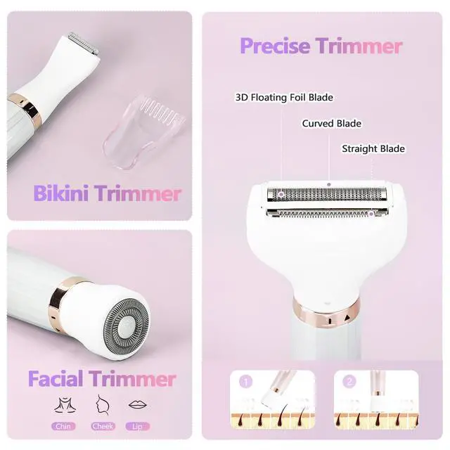 Alt view image 6 of 7 - Electric Razor for Women, Bikini Trimmer 5 in 1 Electric Shavers Razors IPX6 Waterproof Wet/Dry Body Shaver for Face Nose Eyebrow Arms Armpit Legs Pubic Area Painless Replaceable Facial Hair Removal