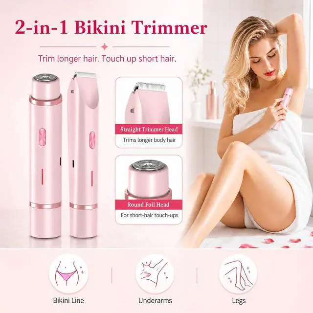 Alt view image 2 of 7 - Bikini Trimmer for Women, 2-in-1 Electric Razor with Dual Heads, IPX7 Waterproof Wet/Dry Body Groomer for Bikini Line, Underarms, Legs & Face, Rechargeable Cordless Shaver
