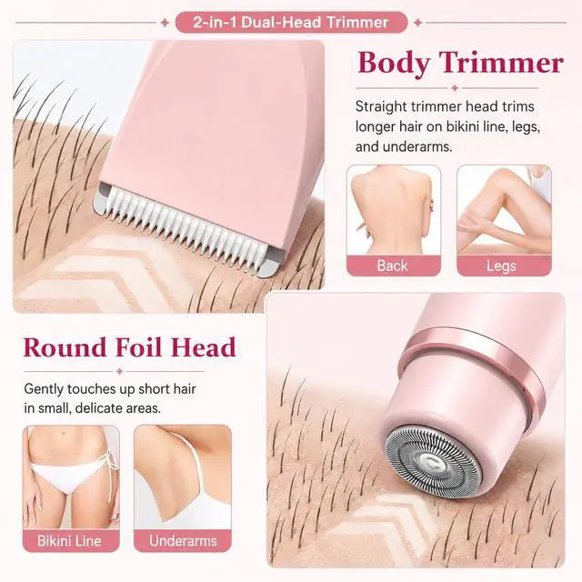 Alt view image 4 of 7 - Bikini Trimmer for Women, 2-in-1 Electric Razor with Dual Heads, IPX7 Waterproof Wet/Dry Body Groomer for Bikini Line, Underarms, Legs & Face, Rechargeable Cordless Shaver