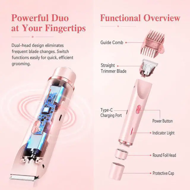 Alt view image 3 of 7 - Bikini Trimmer for Women, 2-in-1 Electric Razor with Dual Heads, IPX7 Waterproof Wet/Dry Body Groomer for Bikini Line, Underarms, Legs & Face, Rechargeable Cordless Shaver