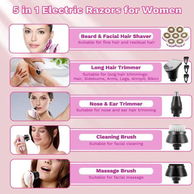 Alt view image 3 of 7 - Electric Razors for Women, 7D Electric Shaver for Women, 5 in 1 Lady Shavers, Wet/Dry Bikini Trimmer, Painless Face Razor for Arms Legs Armpit Pubic Area