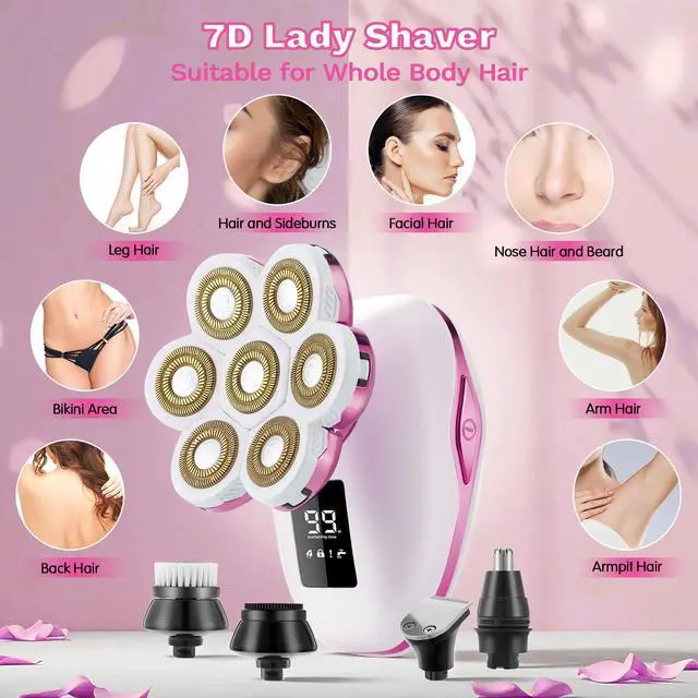 Alt view image 2 of 7 - Electric Razors for Women, 7D Electric Shaver for Women, 5 in 1 Lady Shavers, Wet/Dry Bikini Trimmer, Painless Face Razor for Arms Legs Armpit Pubic Area
