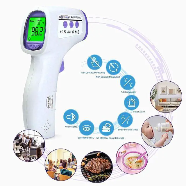 Alt view image 2 of 5 - Digital Non-Contact Infrared Forehead Thermometer for Adults & Kids, Accurate Instant Reading, Dual Mode Body & Surface C / F, Intelligent Temperature/Fever Alert, Batteries Included