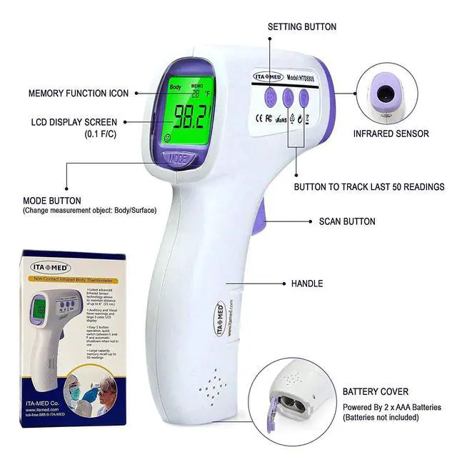 Alt view image 4 of 5 - Digital Non-Contact Infrared Forehead Thermometer for Adults & Kids, Accurate Instant Reading, Dual Mode Body & Surface C / F, Intelligent Temperature/Fever Alert, Batteries Included
