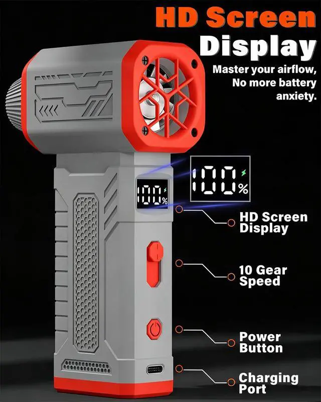 Alt view image 2 of 7 - Compressed Air Duster, 130K RPM Powerful Cordless Electric Mini Blower with Display, 10-Gear Adjustable Jet Fan with Fast Charging, Rechargeable Dust Blower for Home, Outdoor and Car (Gray, Blow)