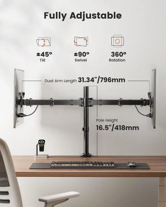 Alt view image 5 of 7 - Dual Monitor Stand, Heavy Duty Adjustable Monitor Desk Mount for 2 Screens up to 32 Inches, Fully Adjustable Height, Tilt, Swivel, Rotate, Supports 17.6 lbs per Monitor Arm, Easy Installation
