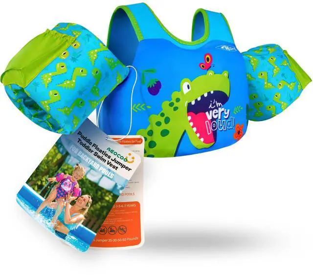 Main image of Puddle Float Jumper 20-30 Pounds, Toddler Swim Vest for 1-2-3 Years Old, Pool Floats with Swimming Arm Floaties Swim Jacket with Water Wings for Kids Swimmies, Boys, Girls, Niños, Dinosaur