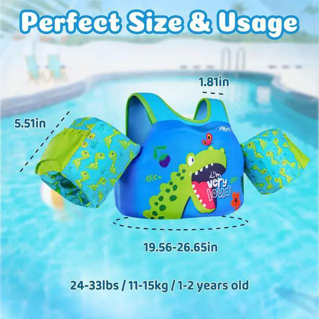 Alt view image 3 of 7 - Puddle Float Jumper 20-30 Pounds, Toddler Swim Vest for 1-2-3 Years Old, Pool Floats with Swimming Arm Floaties Swim Jacket with Water Wings for Kids Swimmies, Boys, Girls, Niños, Dinosaur