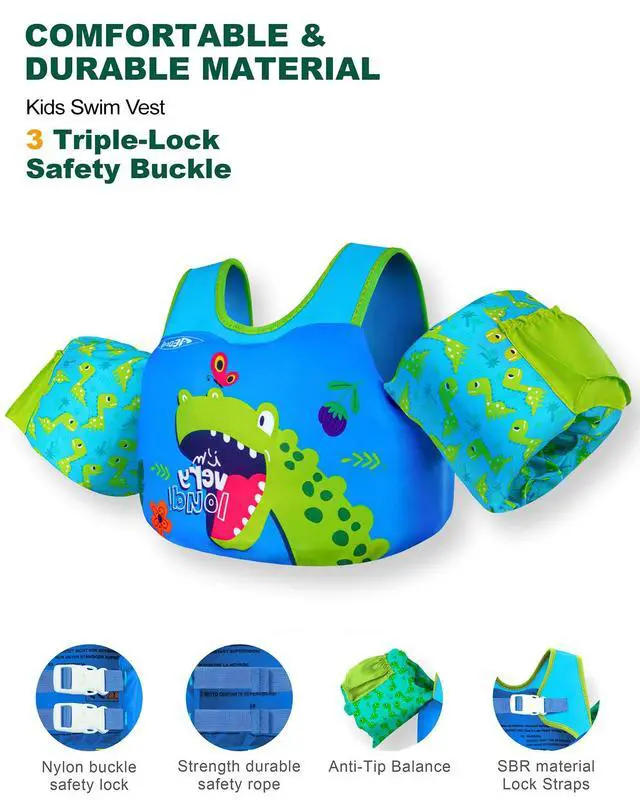 Alt view image 6 of 7 - Puddle Float Jumper 20-30 Pounds, Toddler Swim Vest for 1-2-3 Years Old, Pool Floats with Swimming Arm Floaties Swim Jacket with Water Wings for Kids Swimmies, Boys, Girls, Niños, Dinosaur
