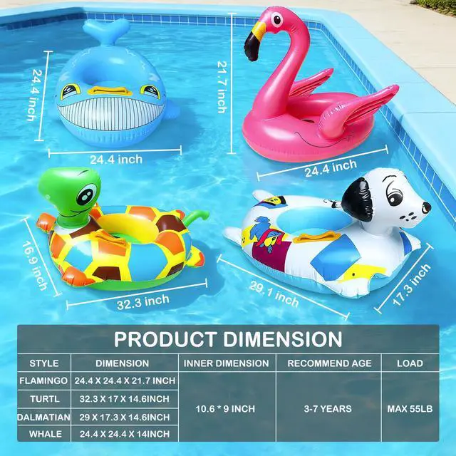 Alt view image 2 of 7 - 4 Pack Inflatable Pool Floats for Toddler Age 3-7 Animal Swim Tube Rings for Kids Infant Baby Ride on Beach Floaties with Safety Seat&Handle for Summer Lake Pool (Flamingo, Turtle, Whale, Dalmatian)
