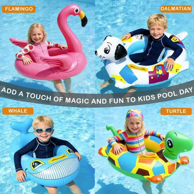 Alt view image 3 of 7 - 4 Pack Inflatable Pool Floats for Toddler Age 3-7 Animal Swim Tube Rings for Kids Infant Baby Ride on Beach Floaties with Safety Seat&Handle for Summer Lake Pool (Flamingo, Turtle, Whale, Dalmatian)
