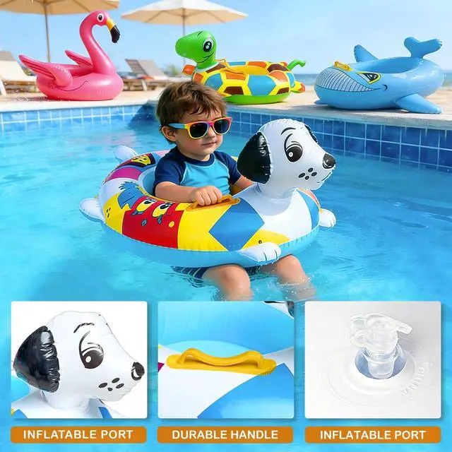 Alt view image 4 of 7 - 4 Pack Inflatable Pool Floats for Toddler Age 3-7 Animal Swim Tube Rings for Kids Infant Baby Ride on Beach Floaties with Safety Seat&Handle for Summer Lake Pool (Flamingo, Turtle, Whale, Dalmatian)