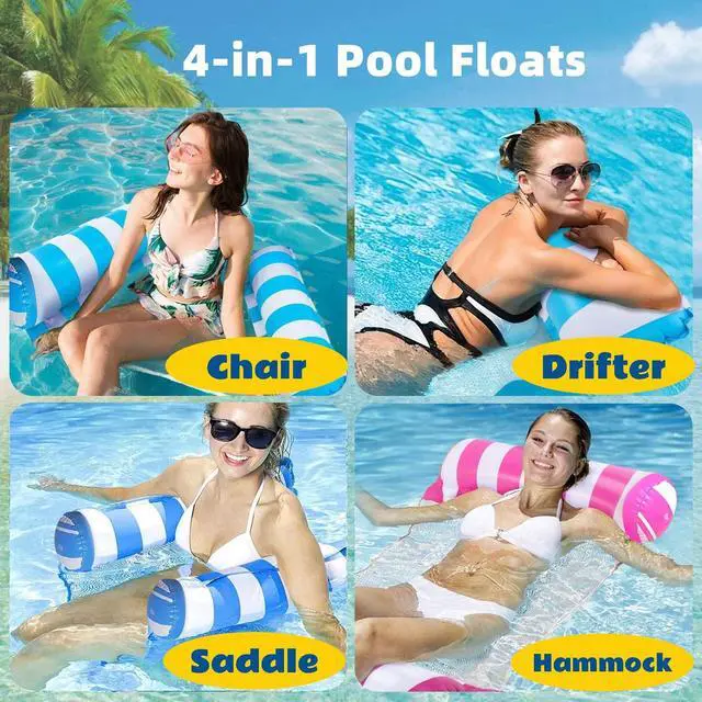 Alt view image 2 of 7 - 4 Pack Upgrated XL Water Pool Floats, 4-in-1 (Hammock, Saddle, Lounge Chair, Drifter) Multi-Purpose Water Pool Float, Non-Stick PVC Material.