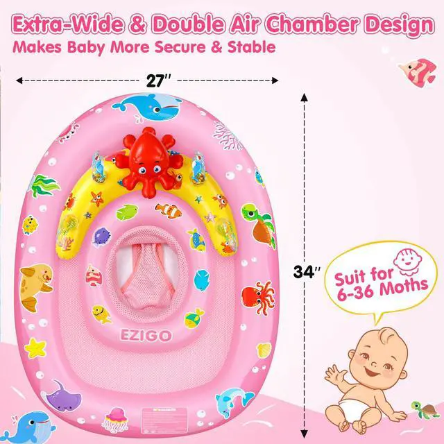 Alt view image 3 of 6 - Baby Pool Float with Canopy UPF50+ Sun Protection, Inflatable Kids Pool Floats with Ocean Animal Toys for Baby 6-36 Months, Infant Swimming Float with Adjustable Safety Seat for Boys Girls Pink