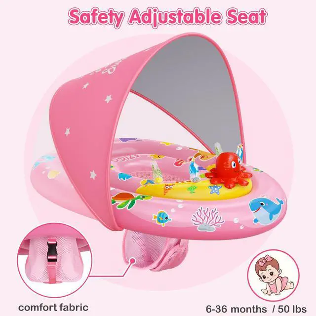 Alt view image 4 of 6 - Baby Pool Float with Canopy UPF50+ Sun Protection, Inflatable Kids Pool Floats with Ocean Animal Toys for Baby 6-36 Months, Infant Swimming Float with Adjustable Safety Seat for Boys Girls Pink