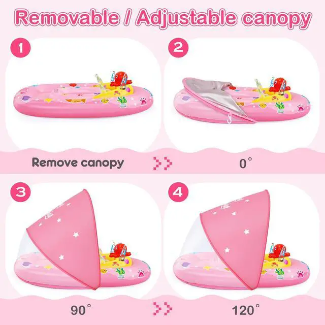Alt view image 5 of 6 - Baby Pool Float with Canopy UPF50+ Sun Protection, Inflatable Kids Pool Floats with Ocean Animal Toys for Baby 6-36 Months, Infant Swimming Float with Adjustable Safety Seat for Boys Girls Pink
