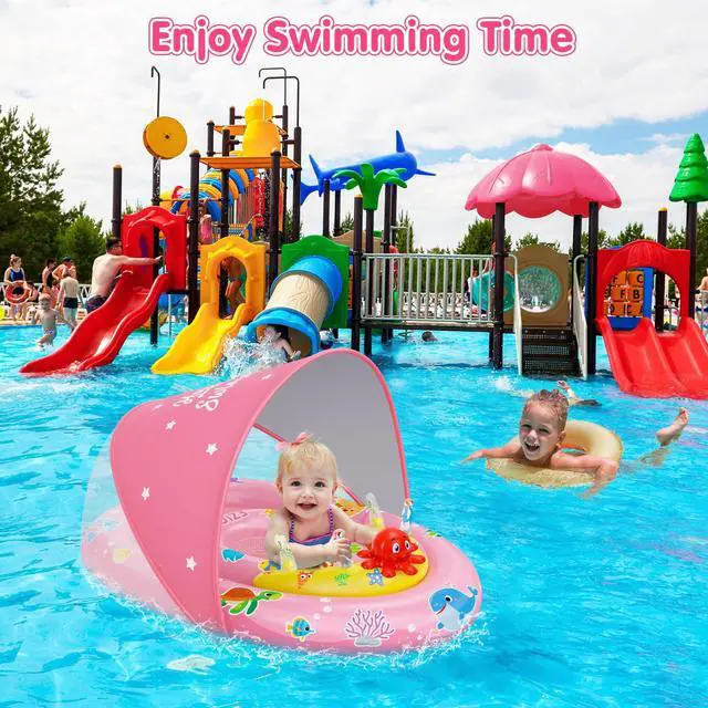 Alt view image 6 of 6 - Baby Pool Float with Canopy UPF50+ Sun Protection, Inflatable Kids Pool Floats with Ocean Animal Toys for Baby 6-36 Months, Infant Swimming Float with Adjustable Safety Seat for Boys Girls Pink