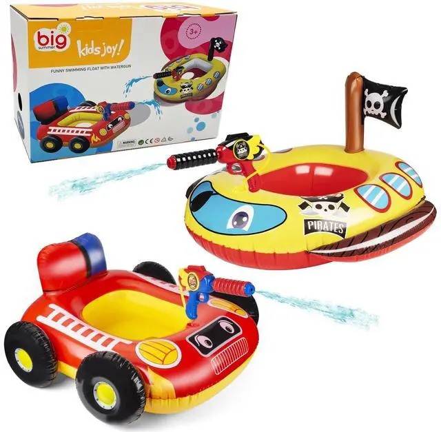 Main image of 2 Pack Inflatable Kids Pool Floats with Water Gun, Pool Toys for Kids Ages 4-8, Blow Up Toddler Pool Floats, Swimming Pool Game Toys, Fire Truck and Pirate Ship Floaties for Boys Girls and Child
