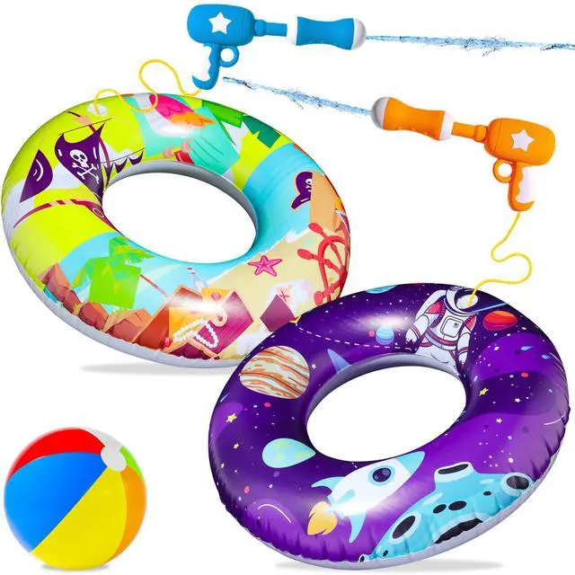 Main image of 2 Pack Pool Floats with 2 Water Guns Kids and 1 Beach Ball, Inflatable Pool Swim Tubes, Pool Floaties Toys Inner Tube with Squirt Guns for Kids Ages 8-12, Beach Swimming Party Toys