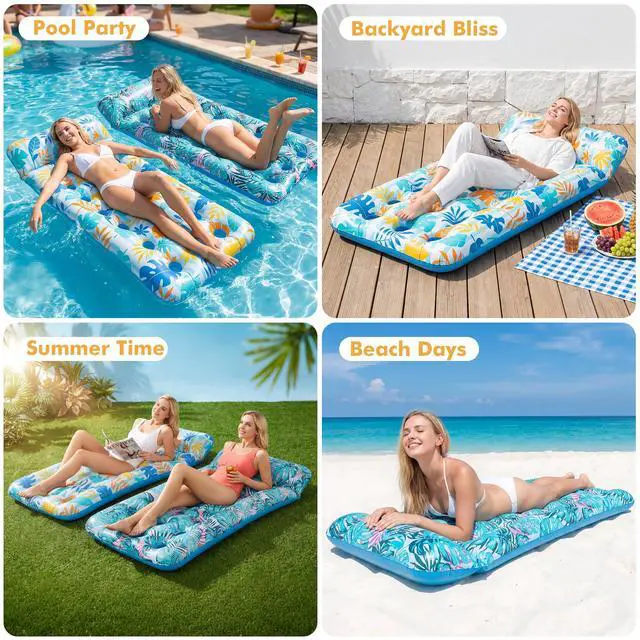 Alt view image 4 of 7 - 2 Pack Inflatable Pool Float Mat, Giant Pool Floats Adult Size with Headrest, Lake Float Raft Water Lounger, Multi-Purpose Swimming Pool Floats for Pool Party, Summertime Beach, Outdoor